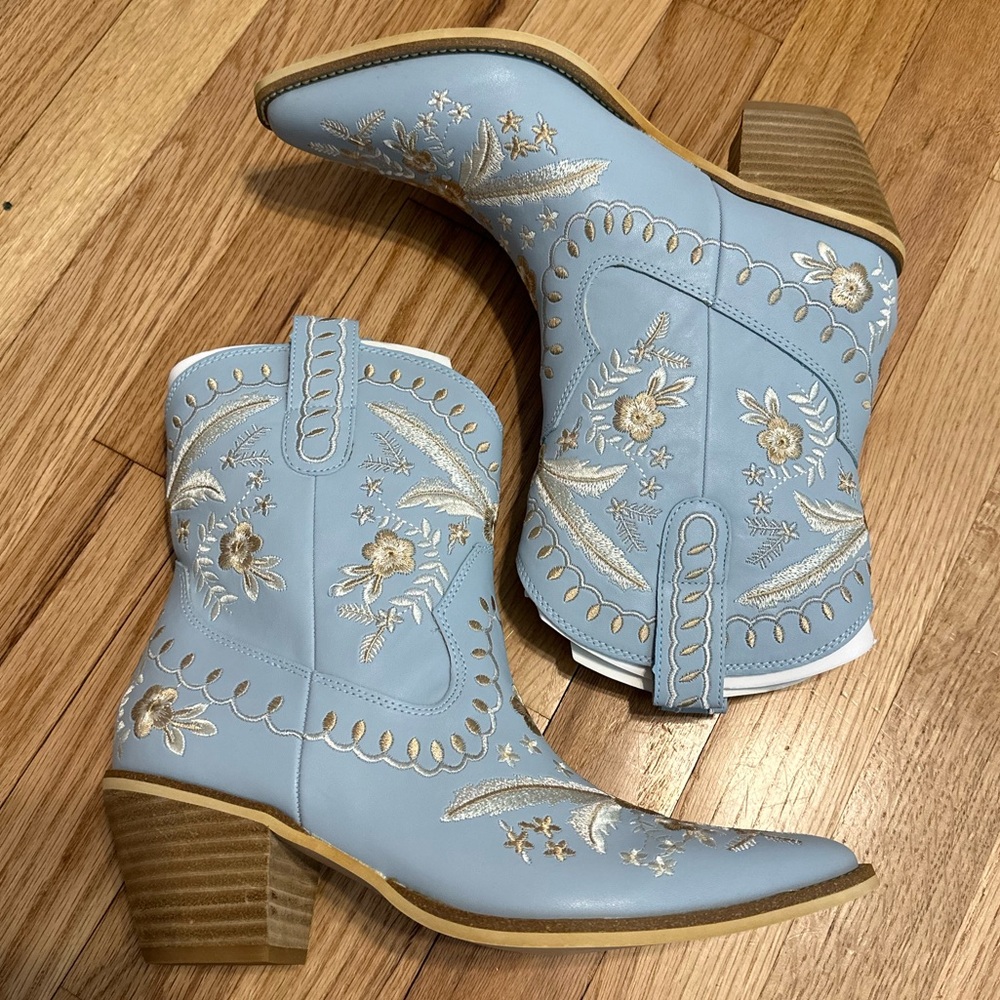 Mi.iM Baby Blue Embroidered Western Ankle Boots